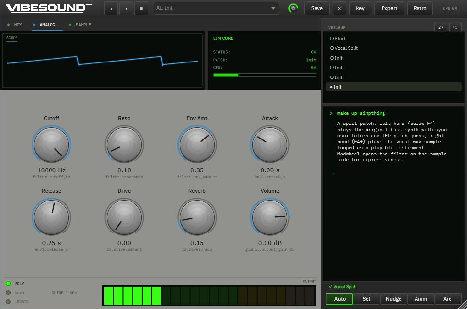 VibeSound Synth plugin — Retro-Industrial panel with generated controls, scope, LLM core and terminal
